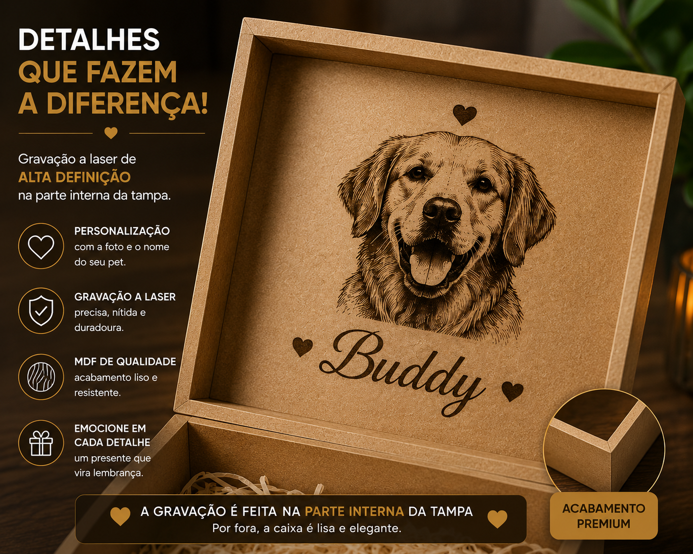 Caixa Personalizada com Foto e Nome do Pet em MDF – Gravação a Laser