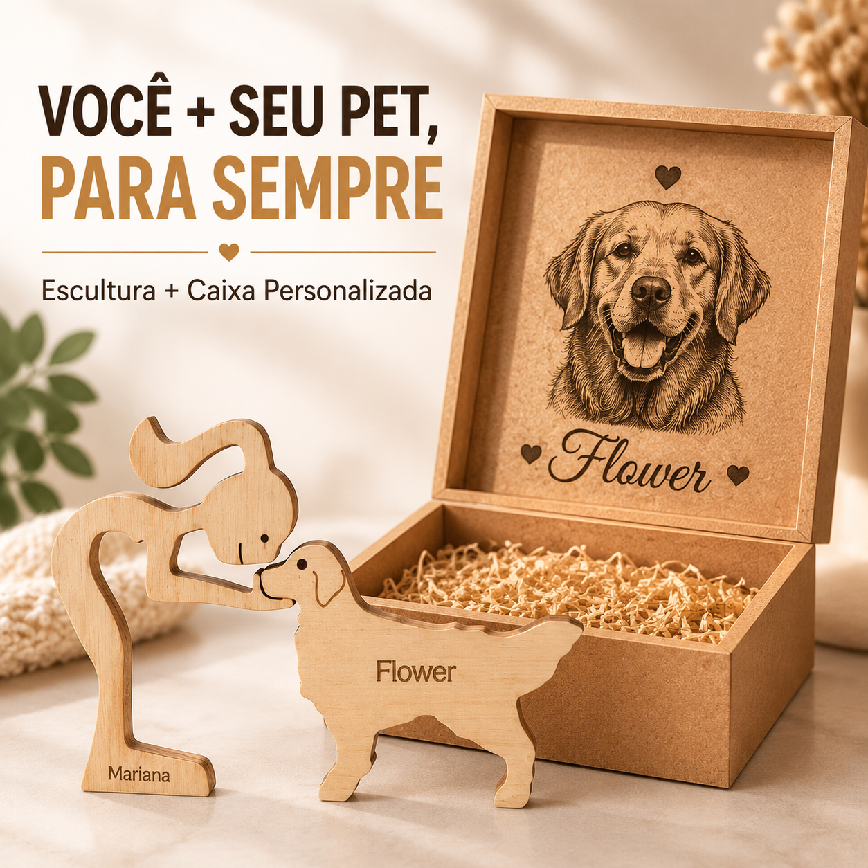 Kit Escultura + Caixa Personalizada com Foto e Nome do Pet em MDF – Gravação a Laser