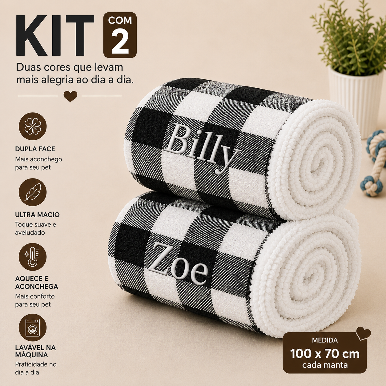 Kit de 2 Cobertinha Pet para Cachorro e Gato Com Nomes Personalizados