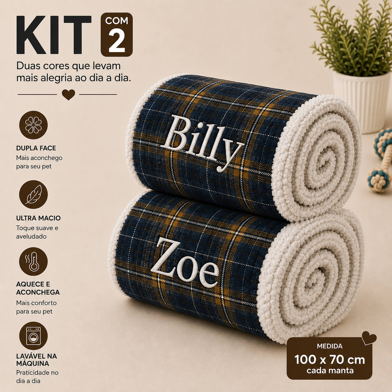 Kit de 2 Cobertinha Pet para Cachorro e Gato Com Nomes Personalizados