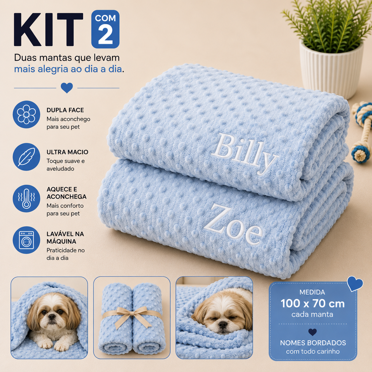 Kit de 2 Cobertinha Pet para Cachorro e Gato Com Nomes Personalizados