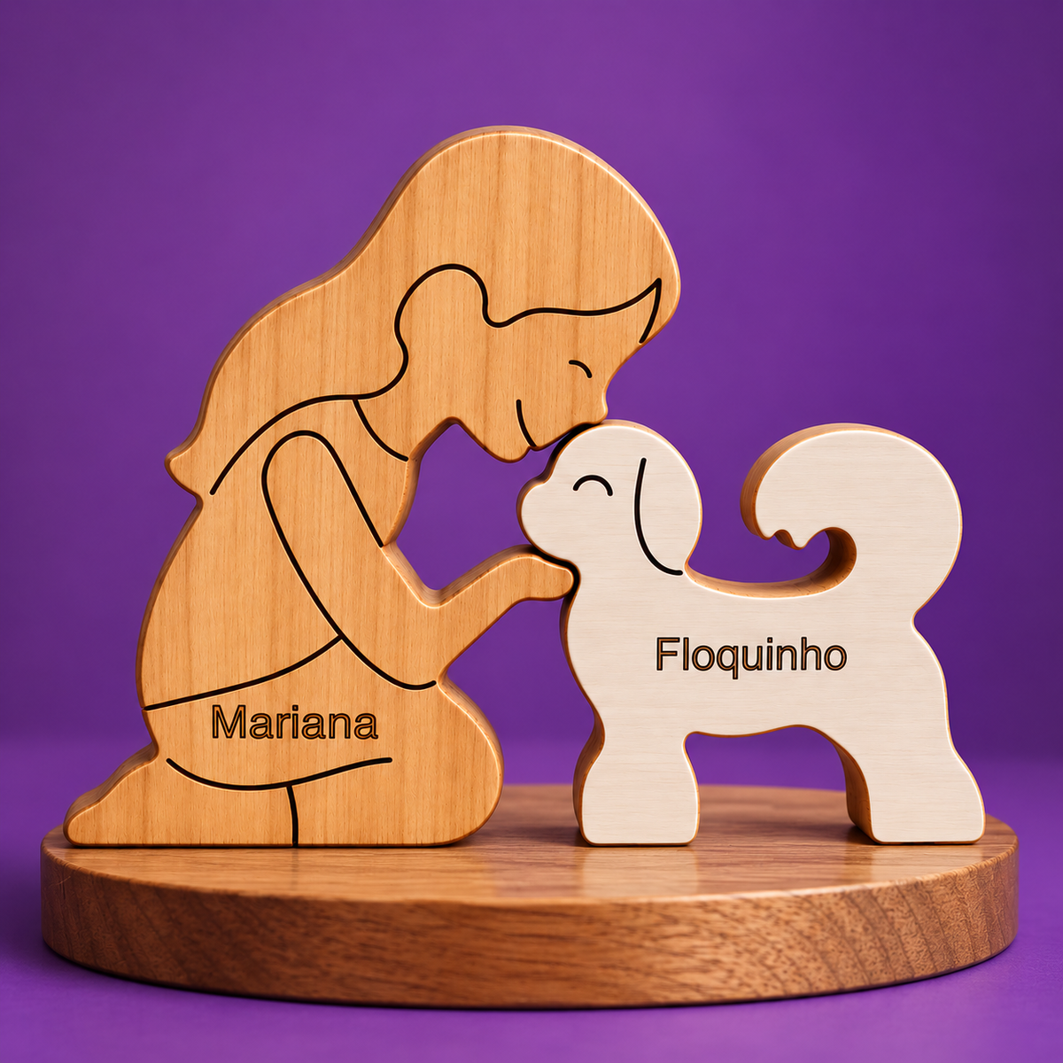 Escultura em Madeira Mulher Ajoelhada e Shih Tzu