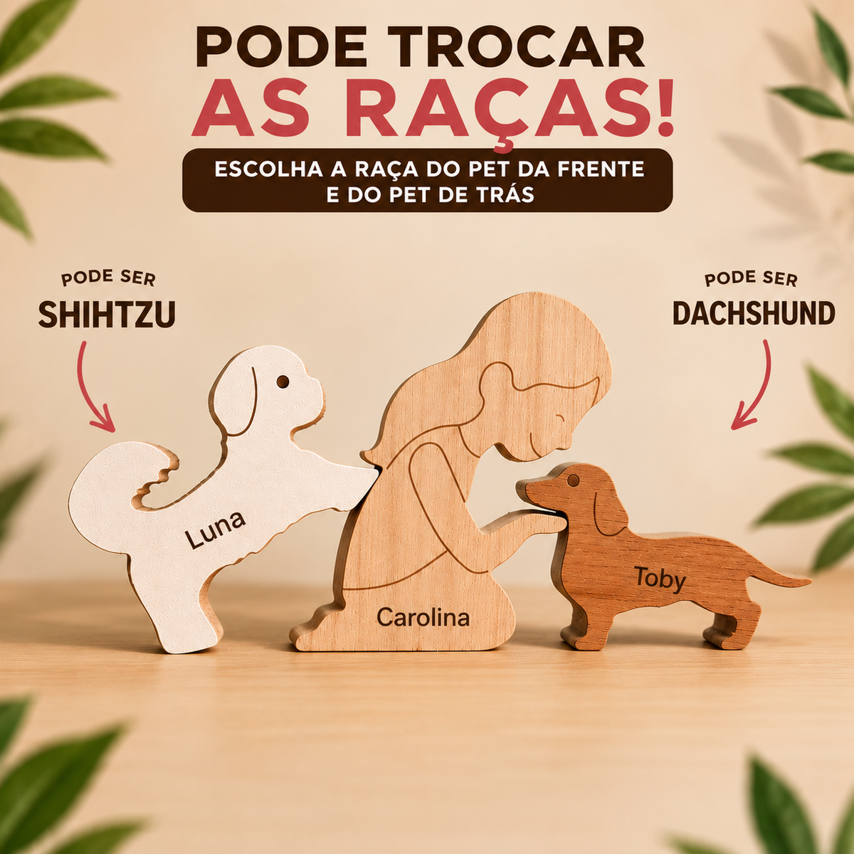 Escultura em Madeira Humano e Dois Pets