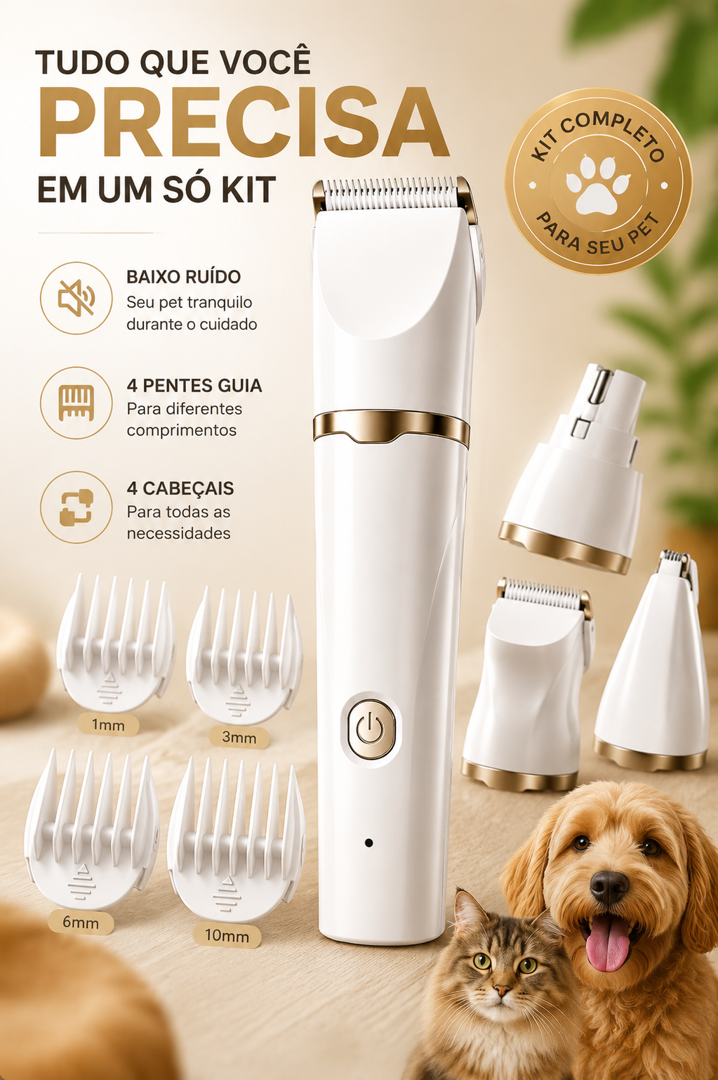 Maquininha Silenciosa Recarregável (Kit de Tosa Pet 4 em 1)
