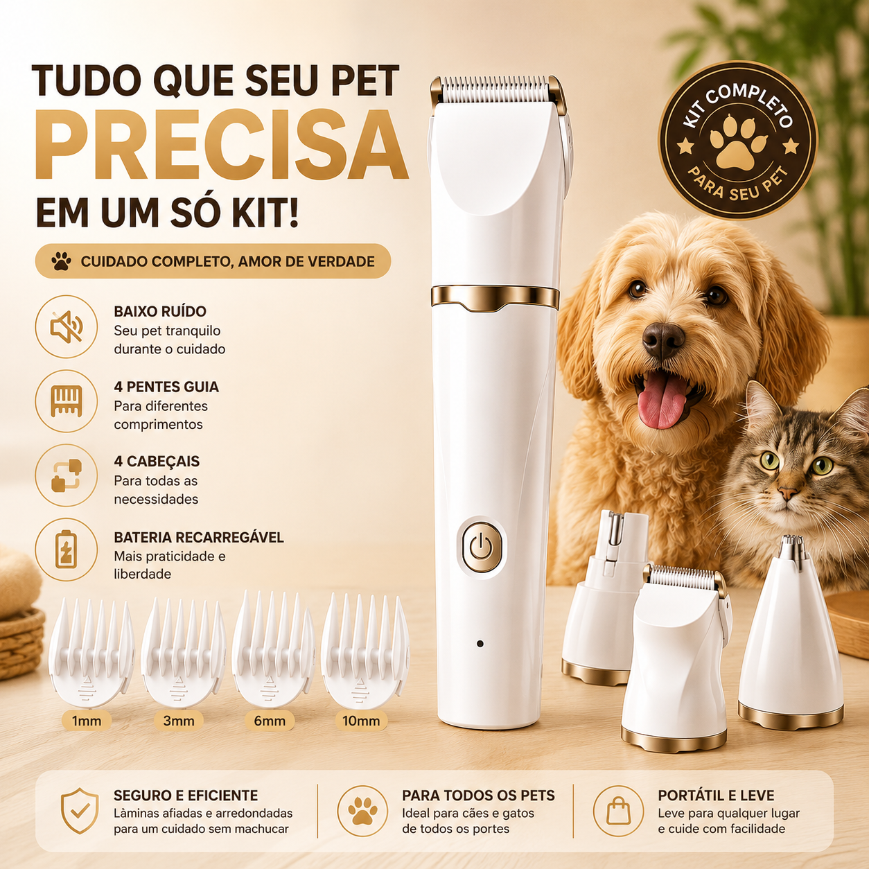 Maquininha Silenciosa Recarregável (Kit de Tosa Pet 4 em 1)