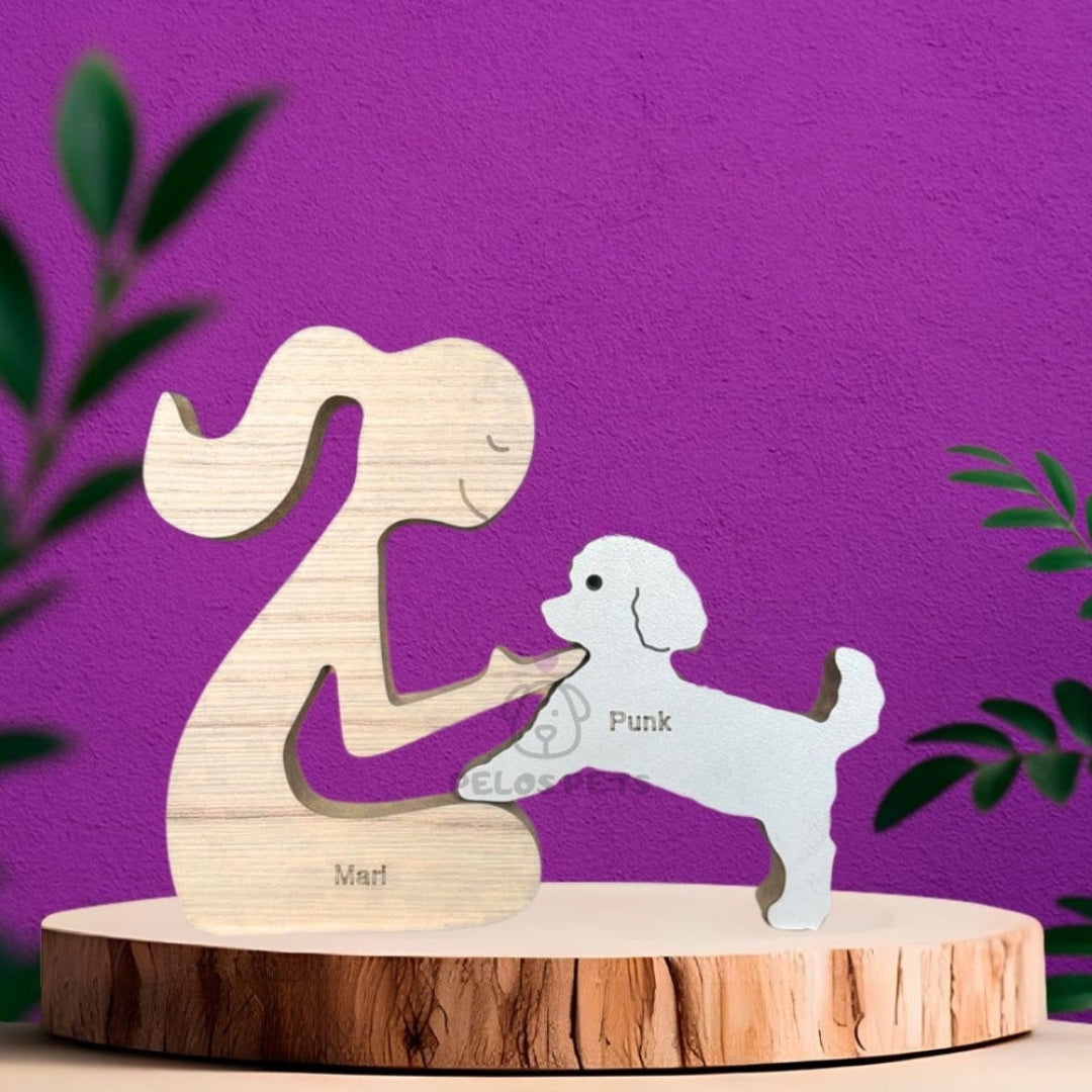 Escultura em Madeira Humano Sentado e Pet