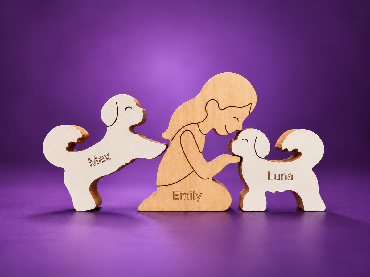 Escultura em Madeira Humano e Dois Pets