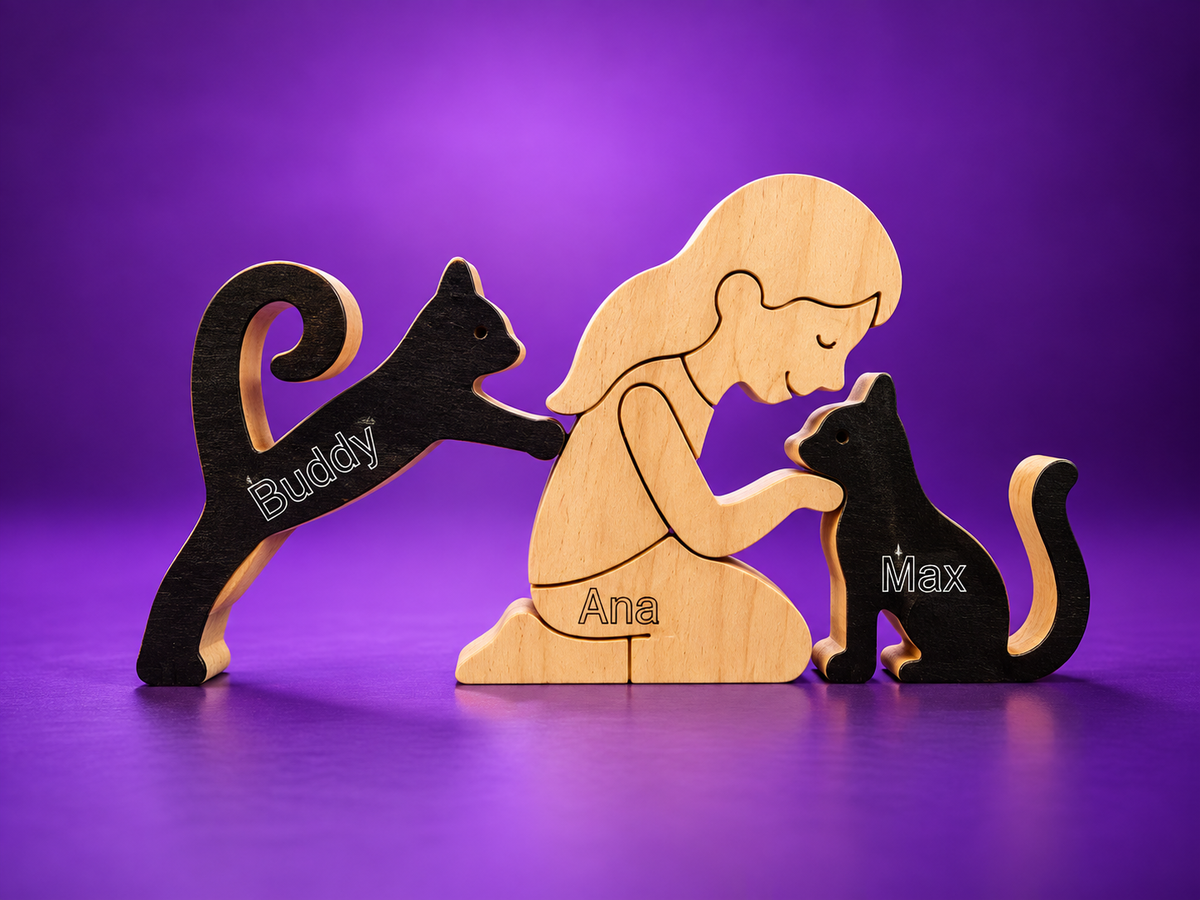 Escultura em Madeira Humano e Dois Pets