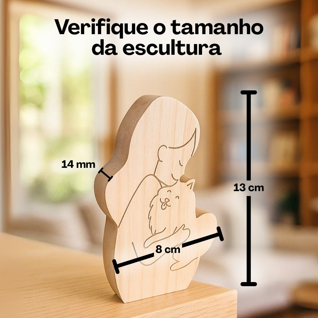 Escultura em Madeira Eterno Abraço Humano e Pet