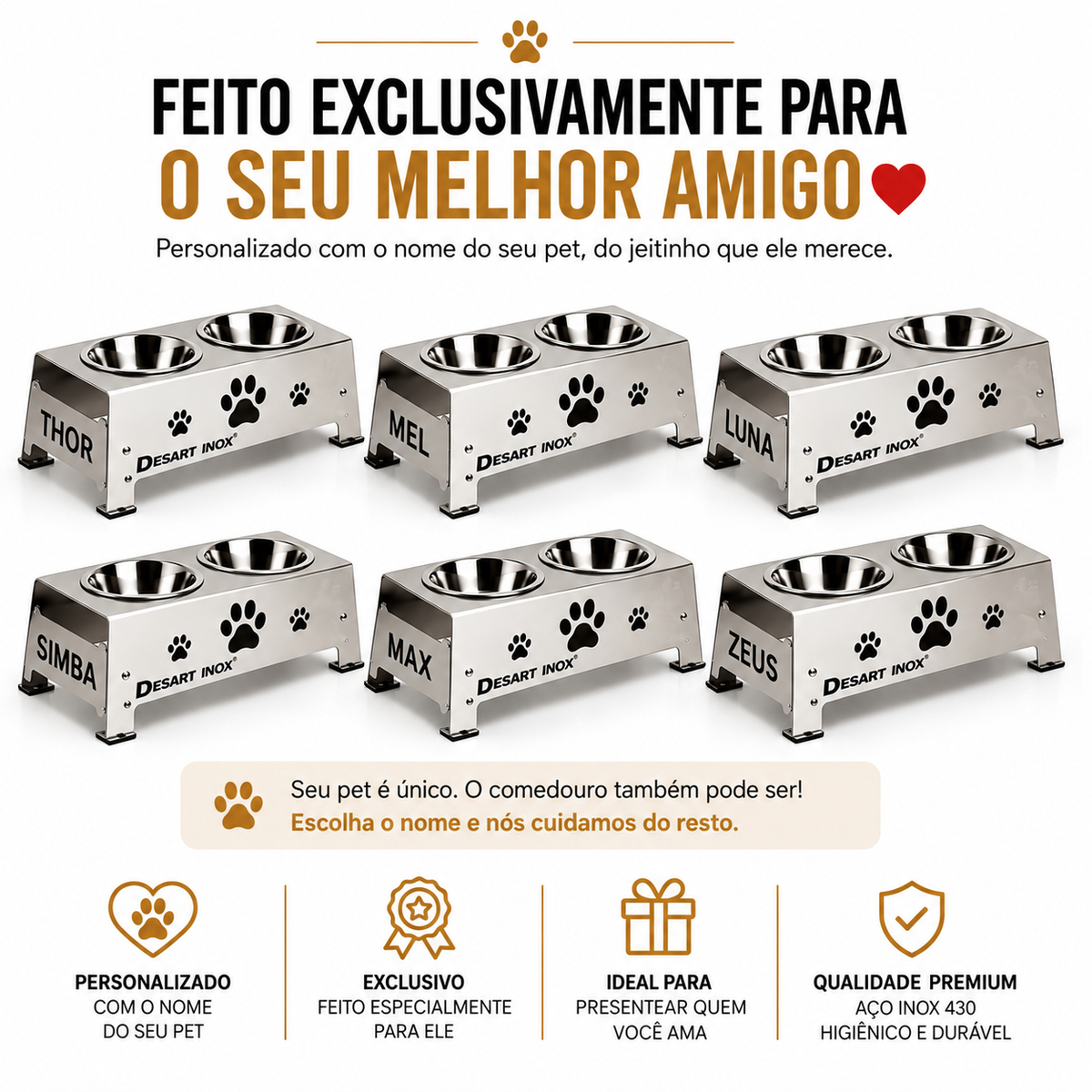 Comedouro Elevado Inox 430 Personalizado