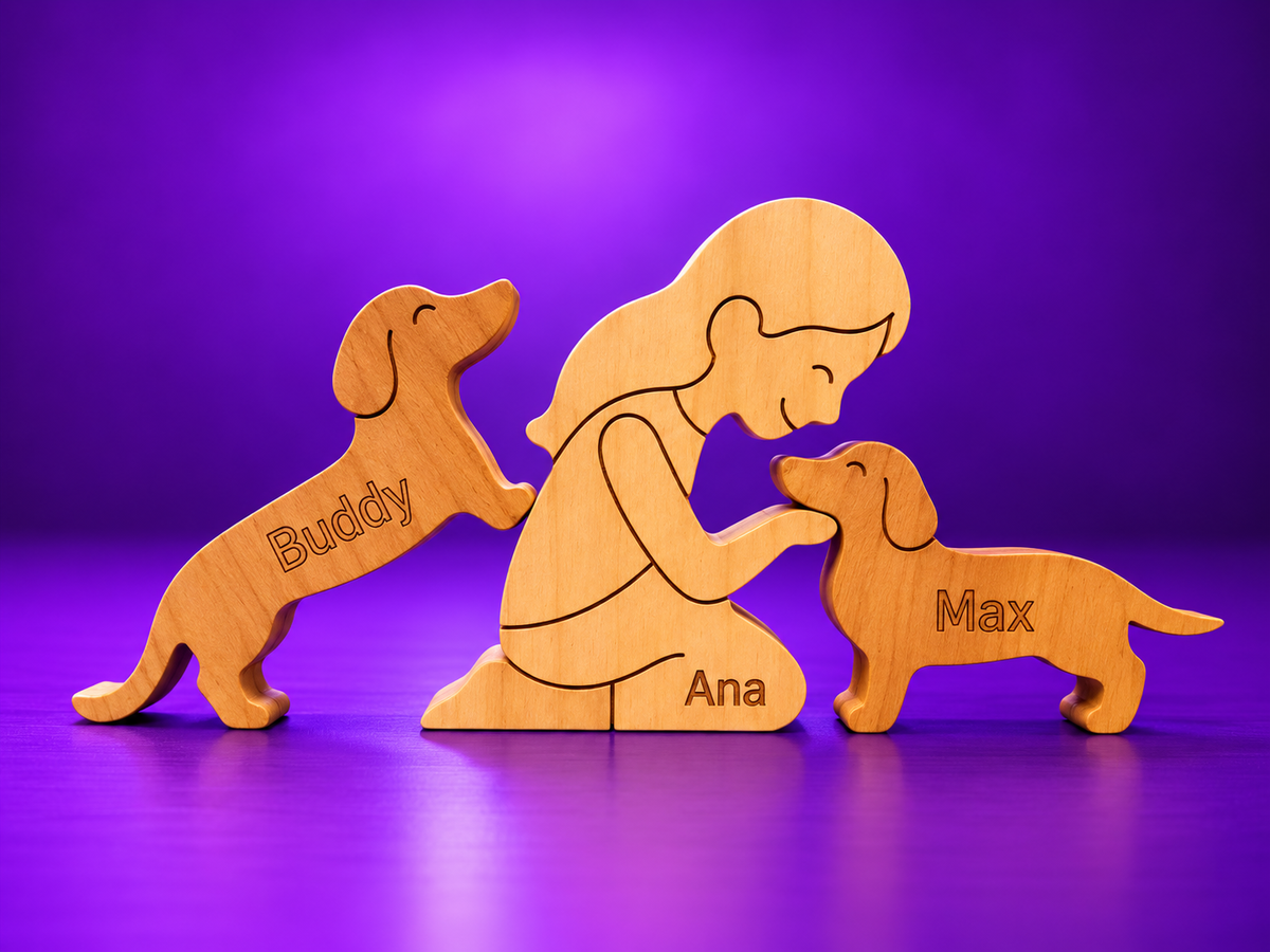 Escultura em Madeira Humano e Dois Pets