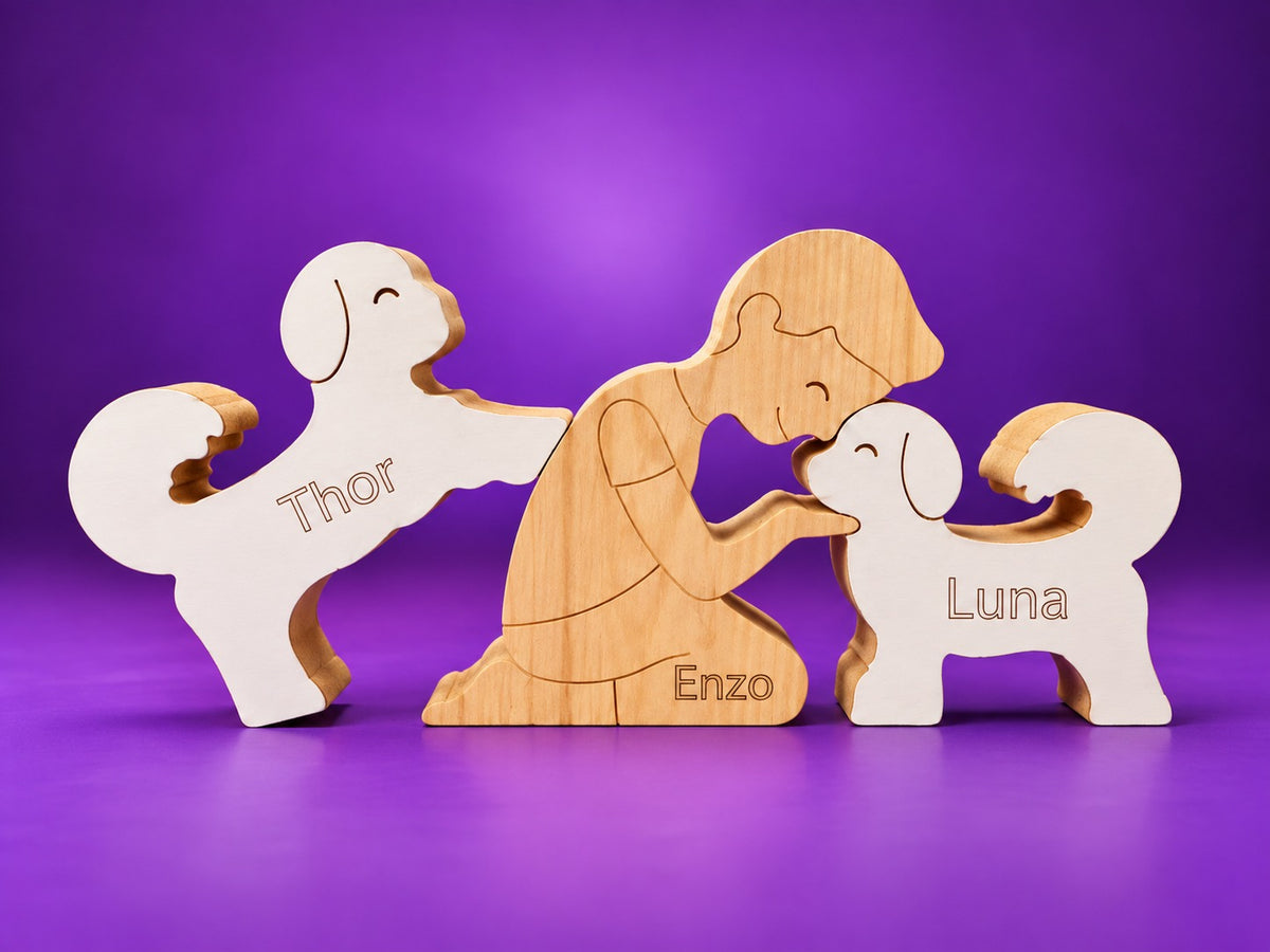 Escultura em Madeira Humano e Dois Pets