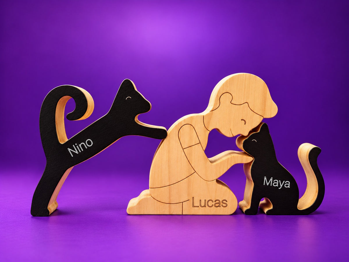 Escultura em Madeira Humano e Dois Pets