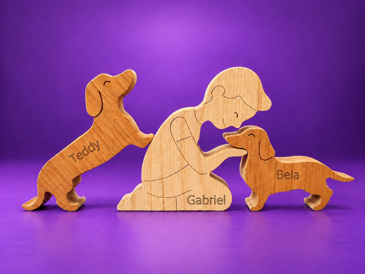 Escultura em Madeira Humano e Dois Pets