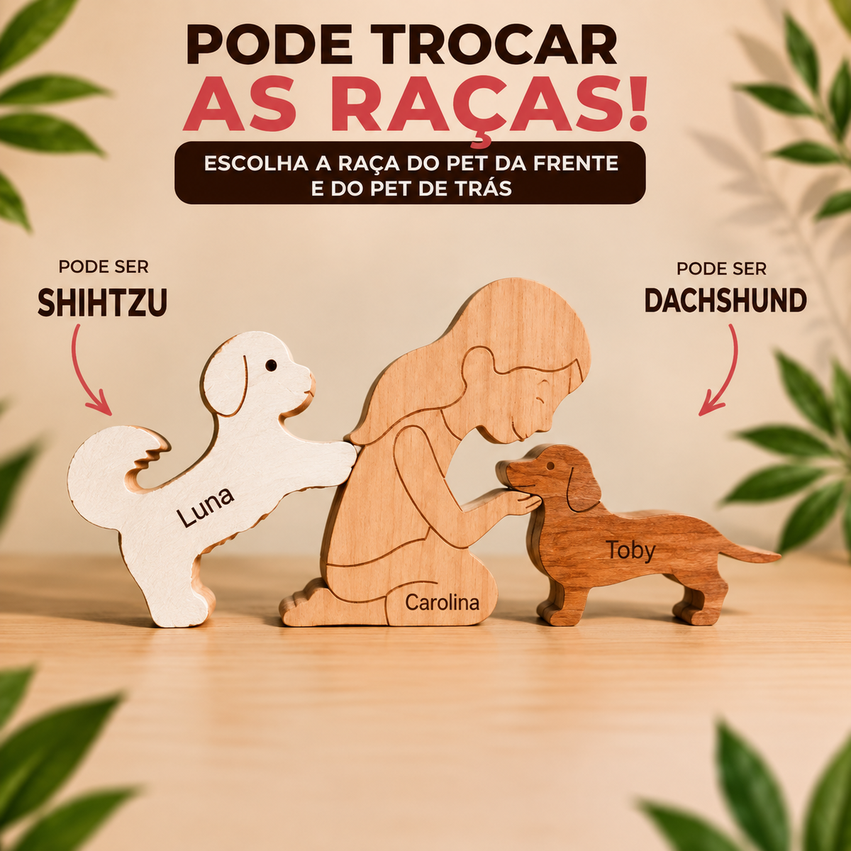 Escultura em Madeira Humano e Dois Pets