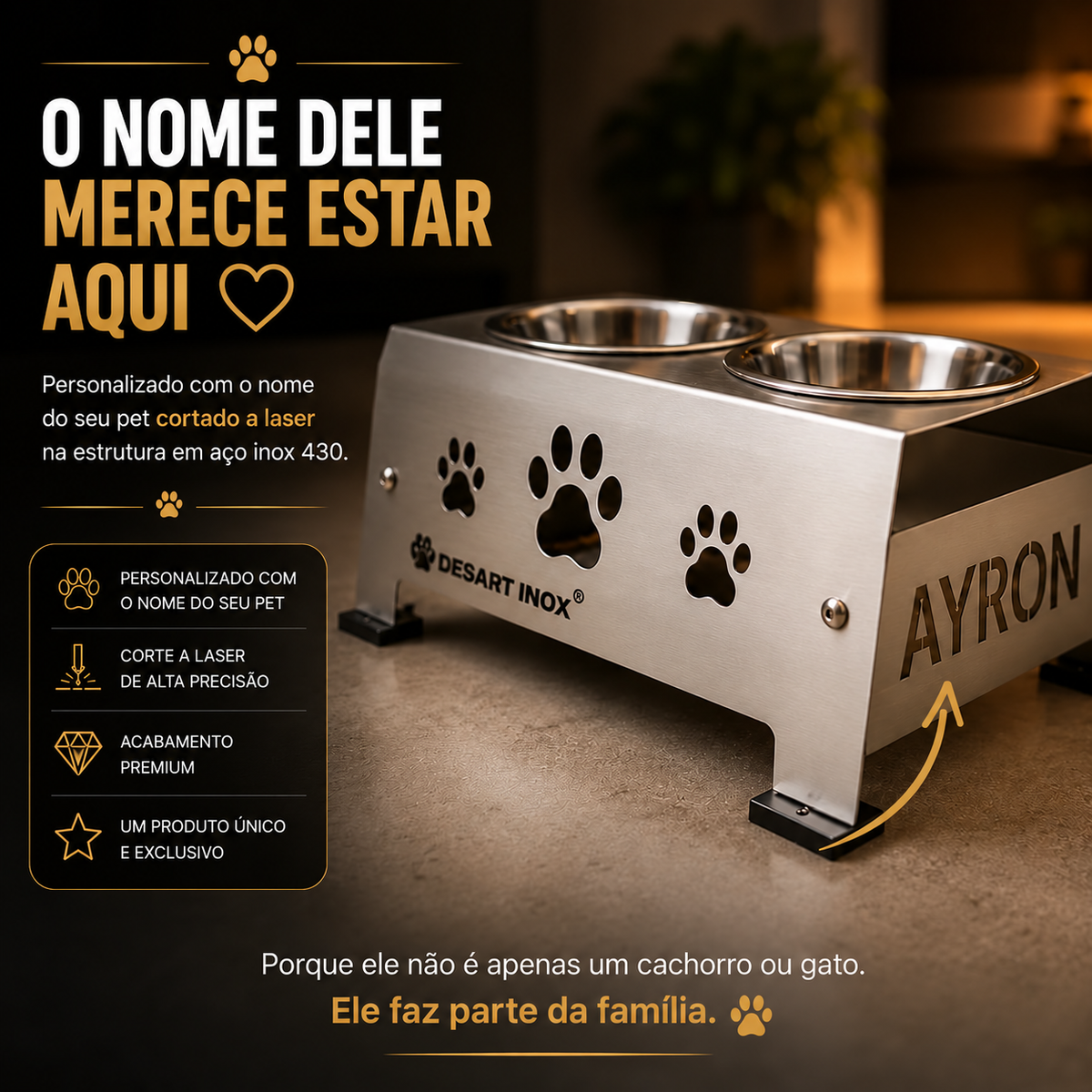 Comedouro Elevado Inox 430 Personalizado