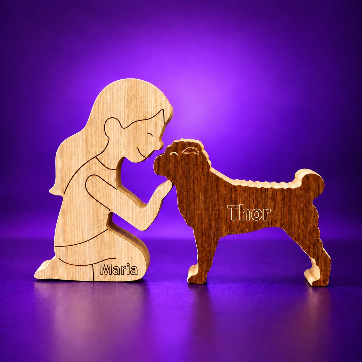 Escultura em Madeira Mulher Ajoelhada e Sharpei