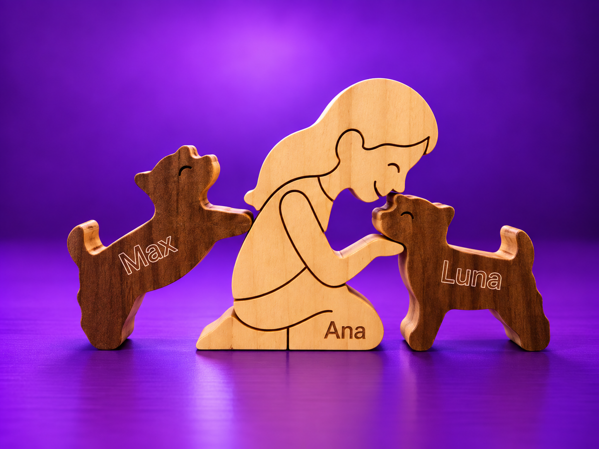 Escultura em Madeira Humano e Dois Pets